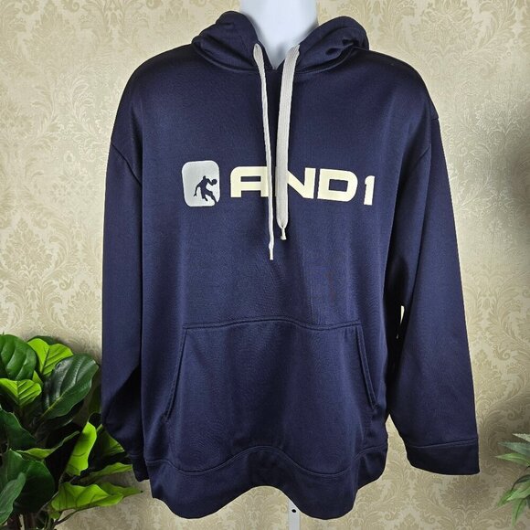 AND1 Size XL Navy Blue Drawstring Hoodie Sweatshirt Kangaroo Pocket Casual - Picture 1 of 11
